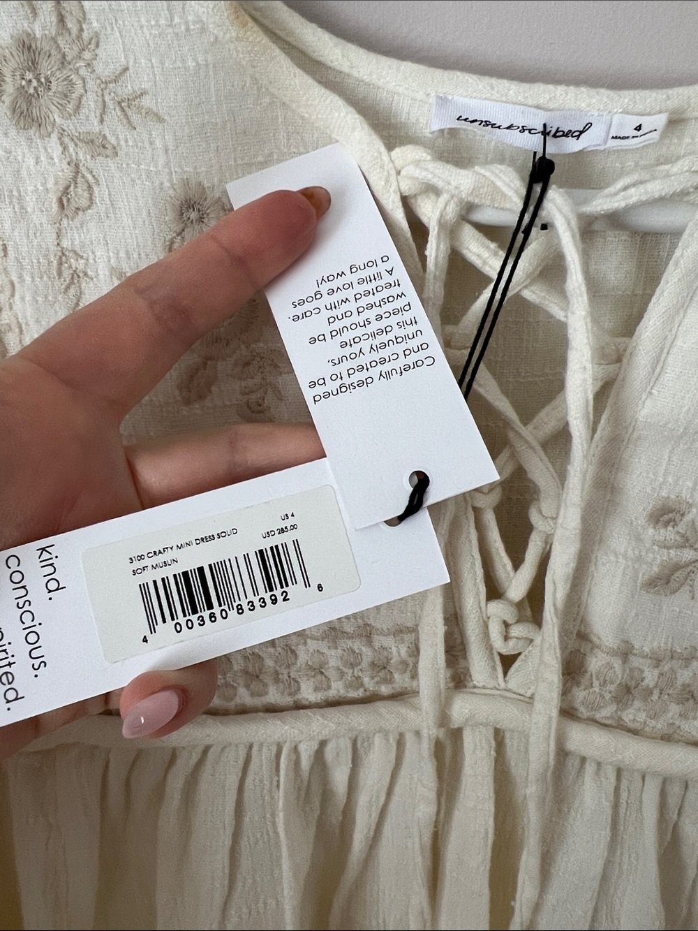 Boho Lace-Up Cream Embroidered Mini Dress - Picture 2 of 10